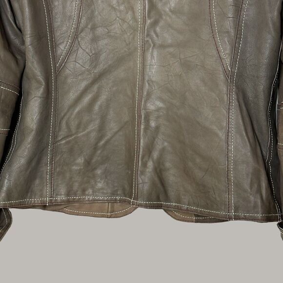 Tribal Leather Full Zip Collared Jacket Brown Women 8 Zip Pockets Leather Cuffed - Picture 10 of 11